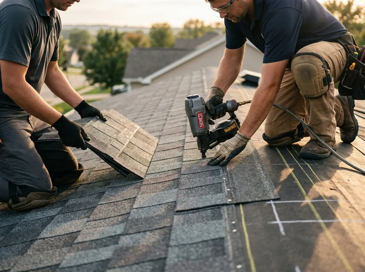 Professional roofer working on a residential roof in West Slope